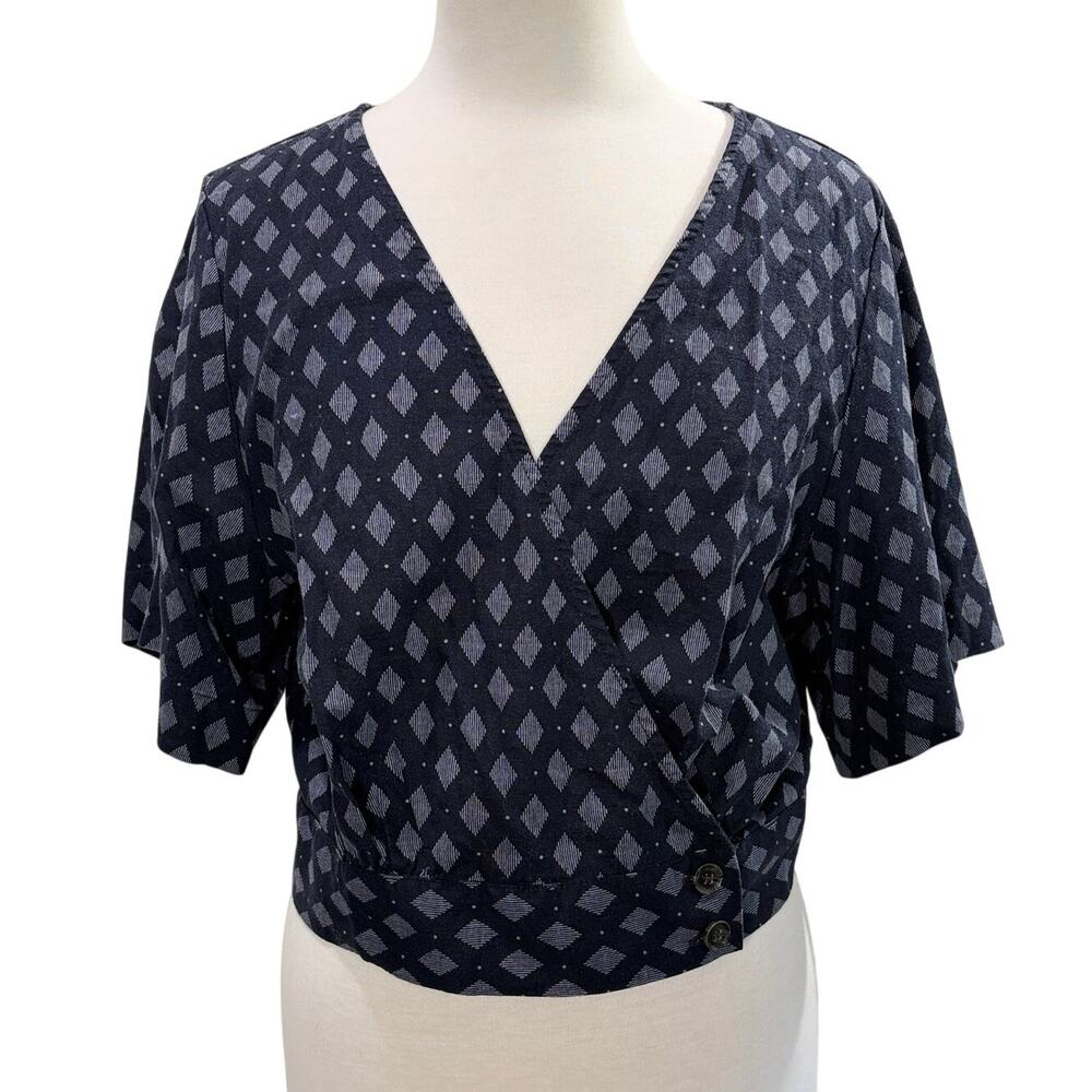 Banana Republic Size M Top Cropped Linen Blend Navy Blue Print Boho Preppy
